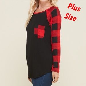 ✳️ (Plus Size) Black w/Red Plaid Sleeves Top